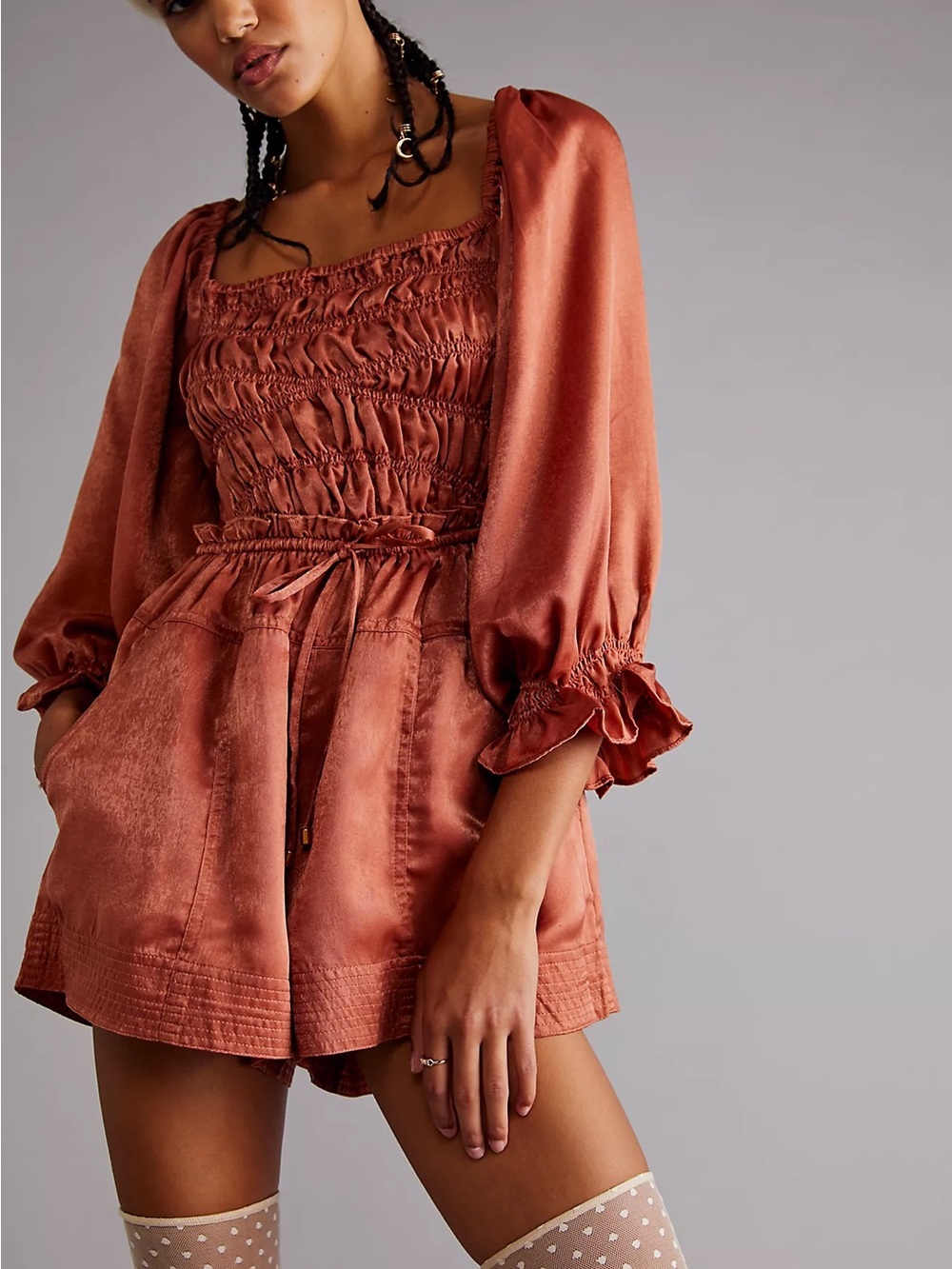 Free People Cassidy Romper Rust Orange Smock Bodice Square Neck Boho Size Medium
